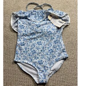 Crown & Ivy Kids One Piece Swimsuit Girls Medium Blue Floral Swiss Dot Beachwear